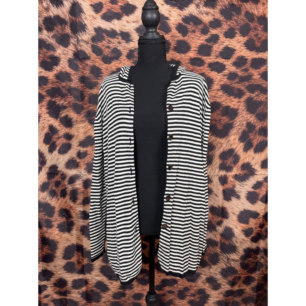 Vintage 90s Chicos Design Black White Striped Hooded Button Front Cardigan